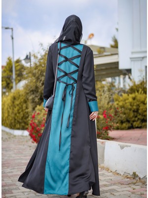 Harika Wear Turkuaz ve Siyah Renkte 3 Parçalı Takimi (Abaya-Elbise-Şal)