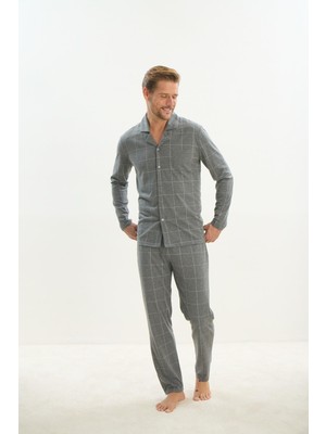 Erkek Uzun Kol Gömlek Yaka Önden Düğmeli Gri Pijama Takım C3T2N5O9