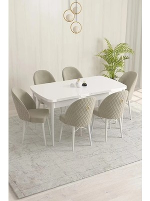 Sar Pakete Milano Serisi, Beyaz 80X132 Açılabilir Mdf Mutfak Masası Takımı 6 Adet Sandalye