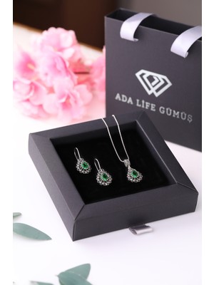 925 Ayar Gümüş Taşlı Damla Model Oksitli Telkari Kadın Set (Özel Kutulu)