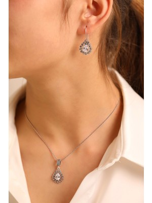 925 Ayar Gümüş Taşlı Damla Model Oksitli Telkari Kadın Set (Özel Kutulu)