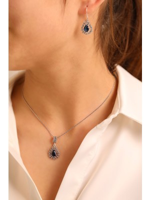 925 Ayar Gümüş Taşlı Damla Model Oksitli Telkari Kadın Set (Özel Kutulu)