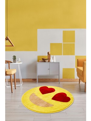 Miqna Studio Gülen Yüz Kalp Emoji Halı, El Yapımı, Yıkanabilir, Kaymaz Taban, Dekoratif, Sevgi, Hediye, 90X90 cm