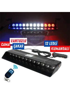 Şüscaroto Aksesuar S12 Kumandalı Cam Içi Vantuzlu Polis Çakar Lamba Ikaz Lambası 12 Ledli 14 Farklı Mod Kablosuz Kırmızı Beyaz Mavi 3 Renk Çakmaklık Girişli
