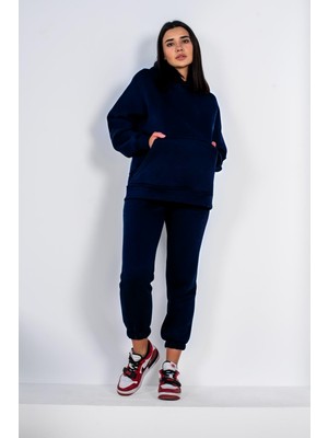 Yakamel Kadın 3 Iplik Baskısız Tek Renk Bol Kesim Rahat Kalıp Cepli Kapşonlu Yeni Sezon Kışlık Eşofman Takımı