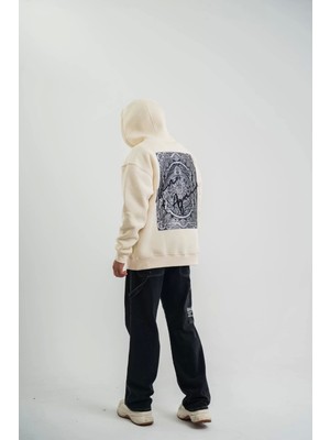 Erkek Kapşonlu Double Oversize Dijital Patchli Sweatshirt - Krem