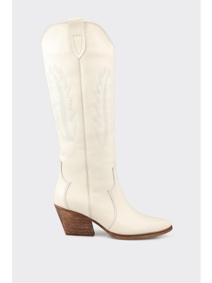 Elle Deri Kadın Western Çizme Bej
