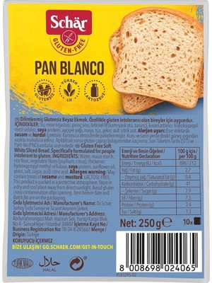 Schar Schär Pan Blanco Glutensiz Beyaz Ekmek 250 gr Yüksek Lifli ve Laktozsuz 8 Adet