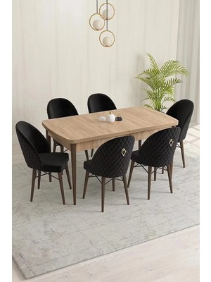 Sar Pakete Milano Serisi Meşe Desen 80X132 Açılabilir Mdf Mutfak Masası Takımı 6 Adet Sandalye