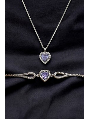 925 Ayar Gümüş Pırlanta Kalp Model Kadın 2 Li Set Bileklik Kolye (Özel Kutulu)