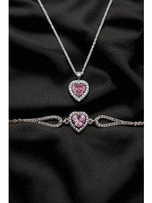 925 Ayar Gümüş Pırlanta Kalp Model Kadın 2 Li Set Bileklik Kolye (Özel Kutulu)