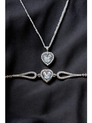 925 Ayar Gümüş Pırlanta Kalp Model Kadın 2 Li Set Bileklik Kolye (Özel Kutulu)