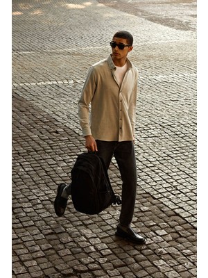 Oxford Slim Fit Dar Kesim Düğmeli Yaka Kareli Esnek Gri Gömlek