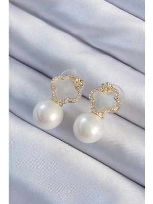 Callerrons Accessories Pirinç Altın Renk Zirkon Taşlı Minimal Çiçek Tasarımlı Kadın Küpe - EBJ240920W28178