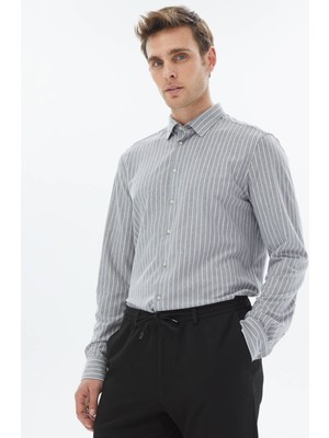 Kip Gri Çizgili Regular Fit Casual Pamuk Karışımlı Gömlek