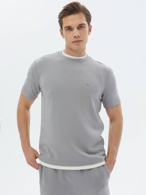 Kip Gri Düz Bisiklet Yaka T-Shirt