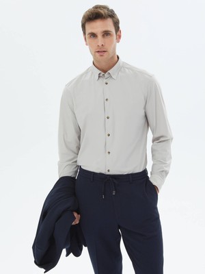 Kip Ekru Düz Regular Fit Casual Gömlek