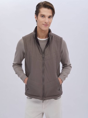 Kip Koyu Vizon Regular Fit Gizli Kapüşon Casual Dokuma Spor Yelek