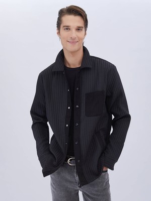 Kip Siyah Düz Regular Fit Dokuma Overshırt