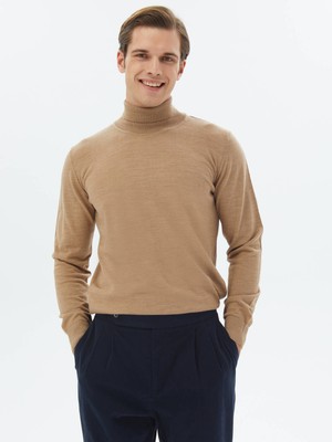 Kip Deve Tüyü Tam Balıkçı Yaka Düz Örgü Yün Karışımlı Triko Kazak