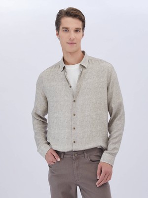 Kip Bej Baskılı Regular Fit Dokuma Casual Gömlek