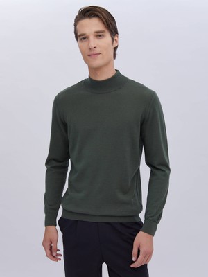 Kip Yeşil Yarım Balıkçı Yaka Düz Örgü Yün Karışımlı Triko Kazak