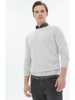 Kip Açık Gri Bisiklet Yaka Düz Örgü Yün Karışımlı Triko Kazak