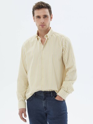 Kip Sarı Çizgili Regular Fit Dokuma Casual %100 Pamuk Gömlek