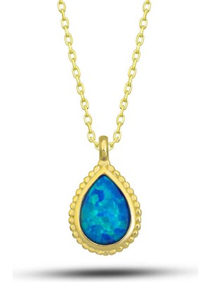 Turtcest 925 Ayar Gümüş Gold Damla Mavi Opal Taşlı Kadın Kolye