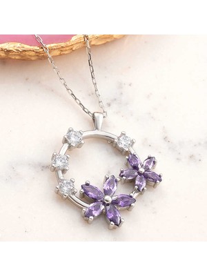 Turtcest 925 Ayar Gümüş Mor Çiçek Kadın Kolye