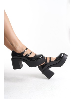 Ciza Siyah Rugan Mary Jane Yüksek Platform Topuklu Çift Bantlı Ayakkabı