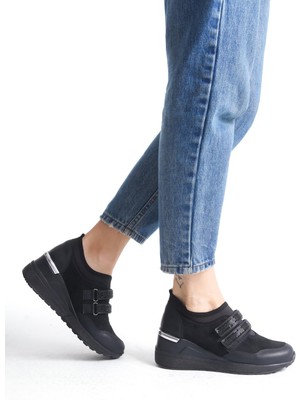 Modabuymus Stonestar Cırt Cırtlı Siyah Taşlı Sneaker Dolgu Topuklu Spor Ayakkabı