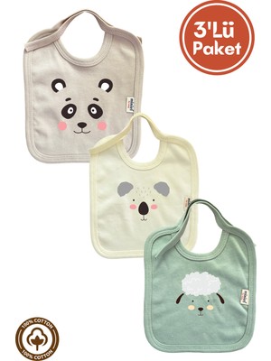 Miniel Unisex Bebek Yenidoğan Penye Pamuklu Hayvan Figürlü 0-3 Ay Bebek Önlüğü 3'lü Set