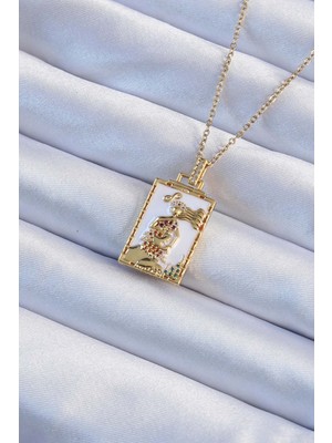 Dorasan 316L Çelik Zincir Gold Renk Beyaz Mineli Tarot Kolye