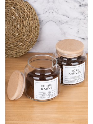 Moda Ozy 2li 500ML Ahşap Kapaklı Türk Kahvesi &filtre Kahve Etiketli Kavanoz Cam Saklama Kabı