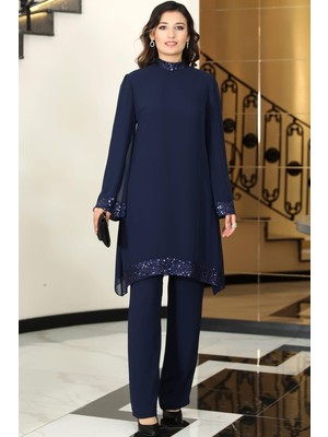Umay Şifon Tunik Pantolon Ikili Tesettür Takım Lacivert
