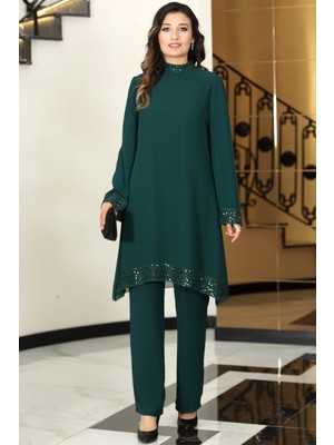 Umay Şifon Tunik Pantolon Ikili Tesettür Takım Zümrüt