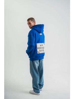 Tarz Yeri Unisex Kapşonlu Uzun Kol Patchli Nakışlı Sweatshirt - Mavi