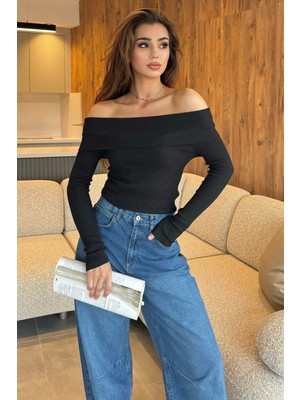 Siyah Kadın Madonna Yaka Kaşkorse Bluz P-00012892