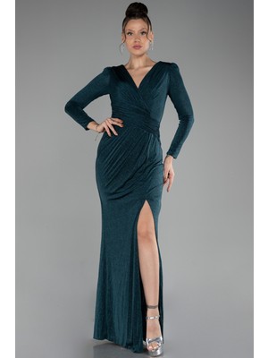 Abiyefon Uzun Kol Bacak Dekolteli Simli Abiye Elbise ABU3542