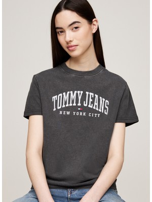 Tommy Jeans Yuvarlak Yaka Baskılı Siyah Kadın T-Shirt Tjw Reg Varsıty Tee