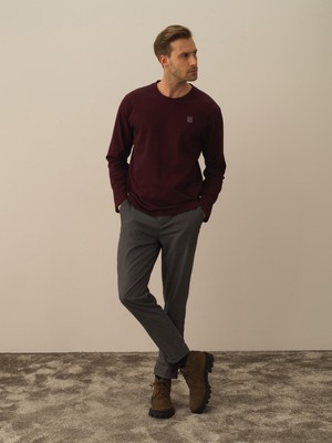 Erkek Bordo Pamuk Dokulu Regular Fit Uzun Kollu Tişört