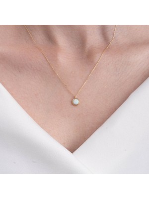 Fasek Gold Oval Opal Taşlı Çerçeveli Sade Minimal Tasarım 14 Ayar Altın Kadın Kolye