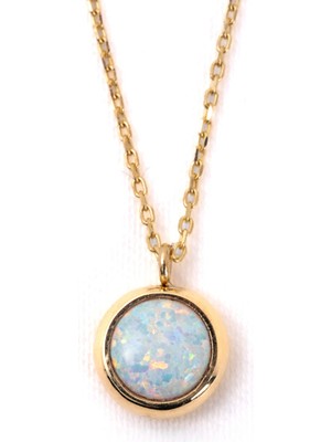 Fasek Gold Oval Opal Taşlı Çerçeveli Sade Minimal Tasarım 14 Ayar Altın Kadın Kolye