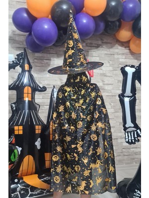 Pekshop Cadılar Bayramı Pelerin Lüks Siyah Üzeri Gold Baskılı Halloween Pelerin