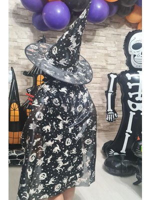 Pekshop Cadılar Bayramı Pelerin Lüks Siyah Üzeri Gümüş Baskılı Halloween Pelerin