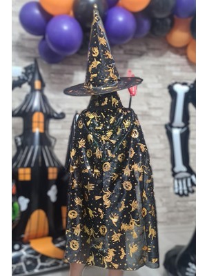 Pekshop Cadılar Bayramı Pelerin Şapka Takımı Lüks Siyah Üzeri Gold Baskılı Halloween Pelerin Çocuk Kostüm