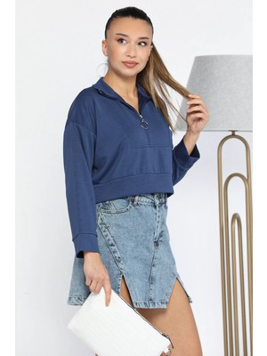 Lacivert Oysho Kumaş Fermuar Detaylı Kadın Crop Top Sweatshirt P-00012889
