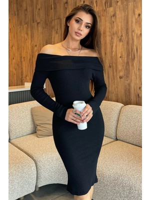 Siyah Madonna Yaka Uzun Kol Kaşkorse Elbise P-00012828