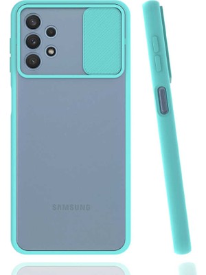 noktaks - Samsung Galaxy A32 4G - Kılıf Slayt Sürgülü Arkası Buzlu Lensi Kapak - Turkuaz - T17111